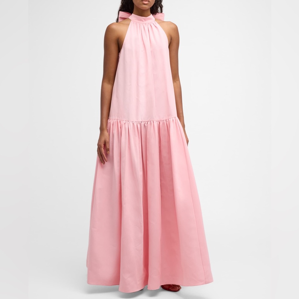 STAUD Marlowe Tiered Poplin Maxi Dress Size S Pearl Pink Bow-Back - Picture 4 of 16